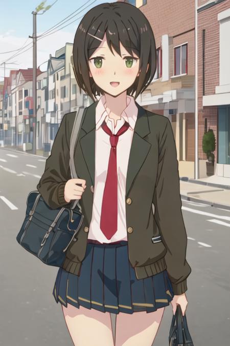 best quality, masterpiece, highres, solo, {kaede_ikeno_sakuratrick:1.15}, short_hair, hair_ornament, hairclip, blush, black_hair, brown_hair, green_eyes, necktie, 1girl, school_uniform, looking_at_viewer, open_mouth, shirt