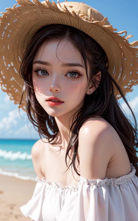 (masterpiece:1.4, best quality), (intricate details), unity 8k wallpaper, ultra detailed, beautiful and aesthetic, perfect lighting, (1girl), dynamic pose, dynamic angle,  lipstick, slim, slim body, medium breasts, (Ruffled_off-the-shoulder_dress:1.5),(Straw_hat:1.4),(Basket_woven_bag:1.3),(Beachside_boardwalk_background:1.4), detailed background, realistic, solo, perfect detailed face, detailed eyes, highly detailed, blush, hair ornament, rolling_eyes, cross-eyed,