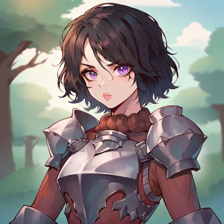 berengaria unicorn_overlord purple eyes hair covering one eye short hair armor spiked shield