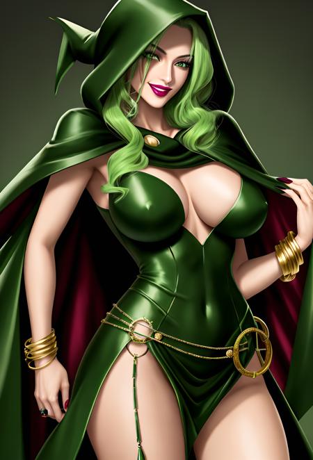 Masterpiece detail, beautiful face, Majorina, 1girl, solo, long hair, seductive smile, open mouth, looking at viewer, large breasts, long legs, red pantyhose, jewelry, green eyes, green hair, hood, cape, nail polish, bracelet, fingernails, makeup, lipstick, skin tight green dress, eyeshadow, long fingernails, green background, impossible clothes, purple lips, light green hair, witch's hut