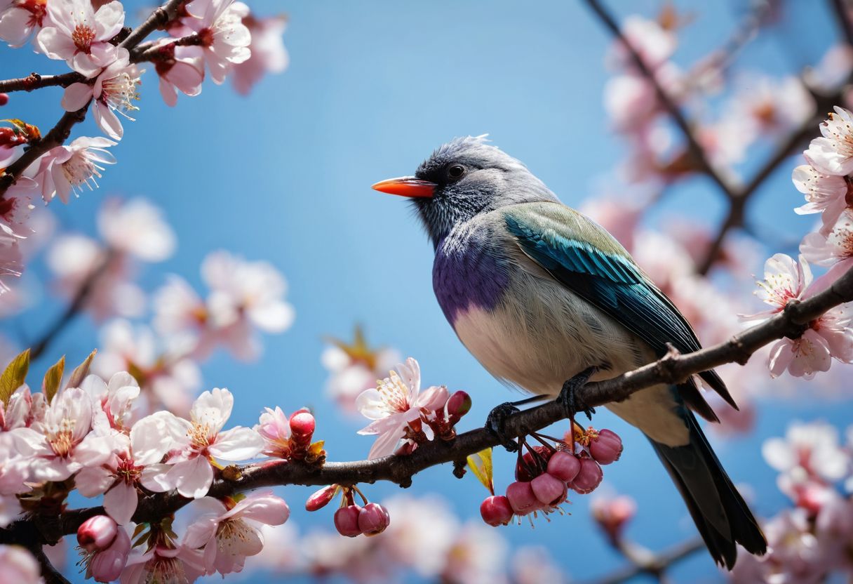 amazing quality, masterpiece, best quality, hyper detailed, ultra detailed, UHD, perfect anatomy, dof,  awesome, inspiring,  Expressiveh, realistic, high quality, 4K, absurd resolution, incredibly detailed, masterpiece, sharp, a Japanese mejiro bird with cherry blossoms, cherry tree, amazon jungle, extremely detailed, no humans, extremely detailed scales, sunlight, realistic, high quality, detailed, shadows, glowing, bright colors, high contrast, vivd lighting, cinematic composition, soft shadows, national geographic style,