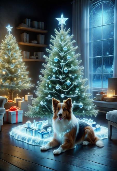 very realistic photography, a beautiful Christmas tree with gifts and a Christmas crib at the foot of the tree. Collie dog lying near the tree, (hyper detailed:1.5) (very detailed:1.5), (photo:1.5,) (photorealism:1.5), (realistic:1.5), bright light from toys, close-up, (mj:1.5), (cinematic:1.5), winter forest landscape, no text, (best quality:1.5), (high quality photography:1.5), HD, 8K, 4K,