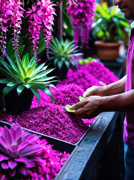 embedding:lazypos, close-up 45° angle, stall overflowing with glowing exotic plants (magenta:1.3, lime:1.2), vendor hands offering sample, incense haze, warm ambient glow, street background soft bokeh, highly detailed textures, <lora:Glowing_Nature-000001:1.0>
