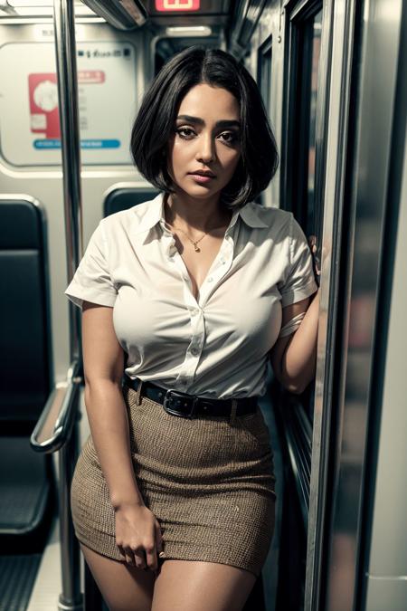 medium bob hair, gorgeous  glsfthfrhni 1girl, sensual gaze, wearing a collared white shirt, classy skirt, beautiful detailed face, big lips, big eyes, perfect detailed eyes, smoky eyeliner, blush, perfect face, good hands, good long  fingers, goosebumps, bumpy skin, good feet, [curvy], attractive standing  pose in the train cabin, full body capture, hyper realistic, masterpiece, ultra high res  <lora:epi_noiseoffset2:0.2><lora:black-white:-0.15>  <lora:more_details:0.5>  <lora:Golshifteh Farahani:0.71>