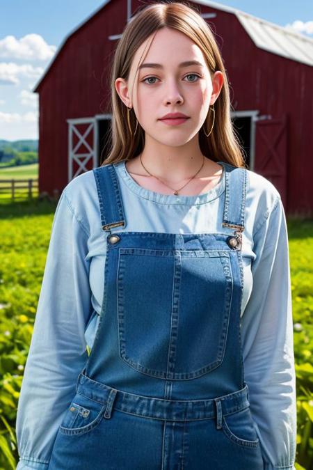 Picture, high quality, closeup of beautiful farmer Koh_VictoriaPedretti, a woman in front of a barn, denim overalls, blue sky, sunny, optical flare , perfect eyes, perfect face, classical, edgy, grim, raytracing, sharp focus