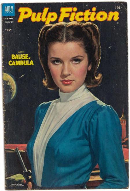 vintage comic book cover, Pulp fiction book cover 'starlets de Cannes', featuring a 19-year-old woman with radiant white complexion and dark brunette hair in a school outfit, princess leia