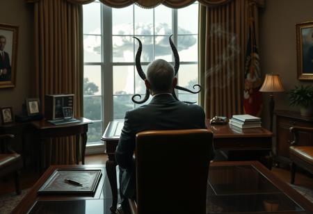 cthulu for president, oval office, mushroom cloud outside window, real photograph,photorealistic, correct hands, correct fingers, lovecraftian, vote button, campaign photo, election, elegant scene, facing away, sitting, smoking cigar, feet on desk