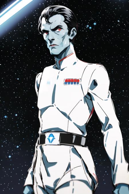 thrawn, an alien man with (black hair:1.3), wearing a star wars imperial uniform <lora:starWarsImperial_v01:1>, (white uniform:1.3), (blue skin:1.5), (red eyes:1.3), (colored skin,:1.1), masterpiece, best quality, 1boy, flat color, limited palette, low contrast, (ligne claire), depth of field, starship