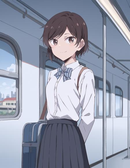 kiri shirasawa, short hair, bangs, brown hair, brown eyes, swept bangs, skirt, shirt, long sleeves, bow, school uniform, white shirt, pleated skirt, striped, bowtie, striped bow, striped bowtie,