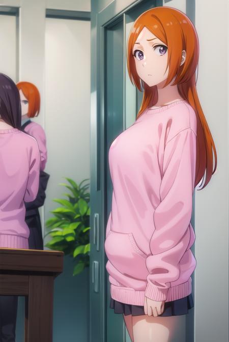 inoueorihime, <lora:originalinoueorihime-lora-nochekaiser:1>,
inoue orihime, long hair, orange hair, (grey eyes:1.5),
BREAK sweater, (pink sweater:1.5), long sleeves, puffy sleeves, skirt, blue skirt, long skirt,
BREAK looking at viewer, full body,
BREAK indoors, classroom,
BREAK <lyco:GoodHands-beta2:1>, (masterpiece:1.2), best quality, high resolution, unity 8k wallpaper, (illustration:0.8), (beautiful detailed eyes:1.6), extremely detailed face, perfect lighting, extremely detailed CG, (perfect hands, perfect anatomy),