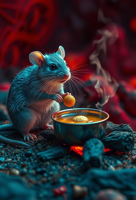 surreal VFX, nano-rat cooking  chicken soup on a campfire seen under an electron scanning microscope, with details, vivid colors