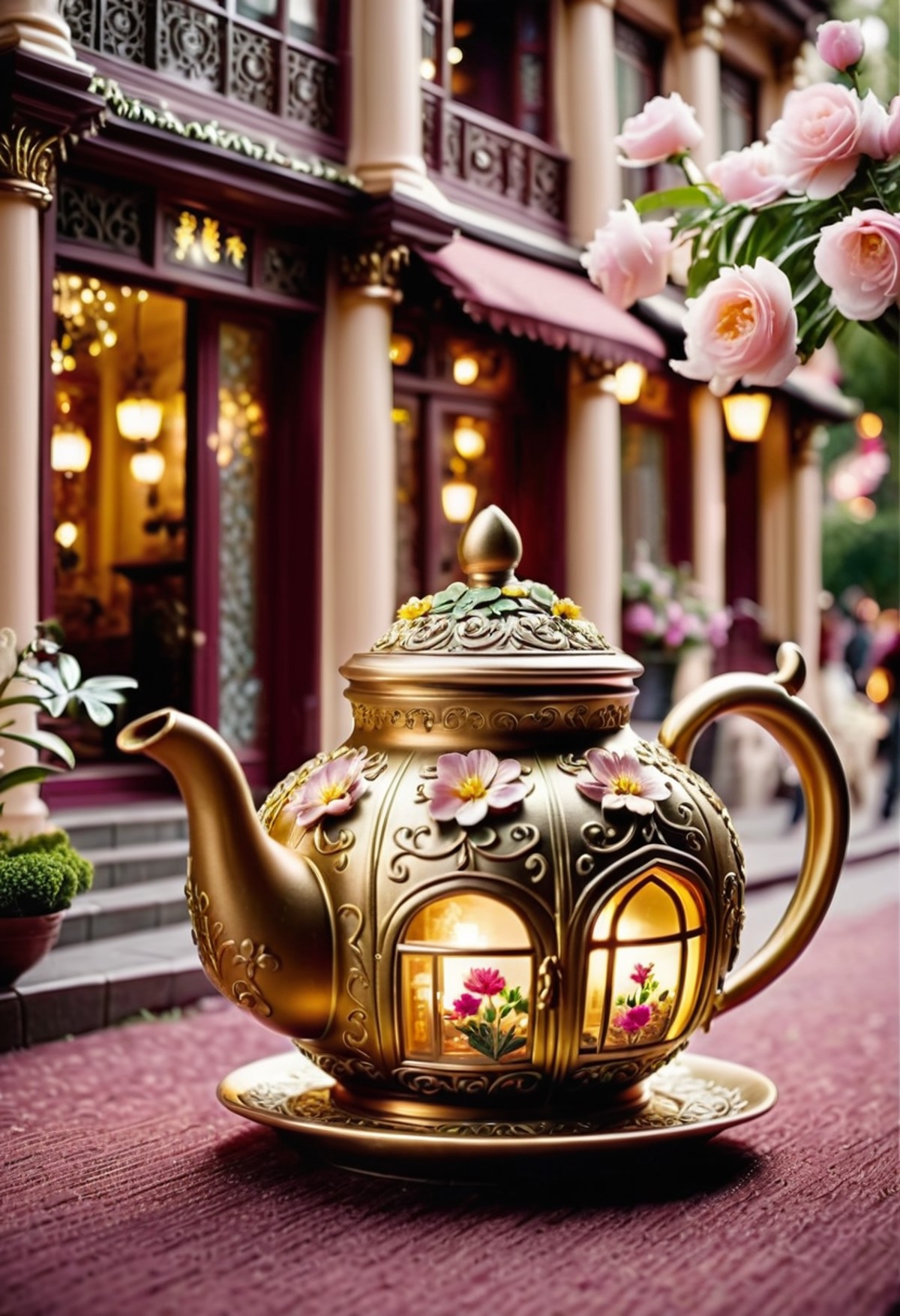cinematic photo in the heart of a bustling city, a quaint teapot houses looms inside its exterior. The house is decorated ...