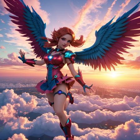 octane render art, a beautiful technicolor CGI magical girl, flying through the sky, sunset backdrop, clouds, a pair of fiery blue wings



