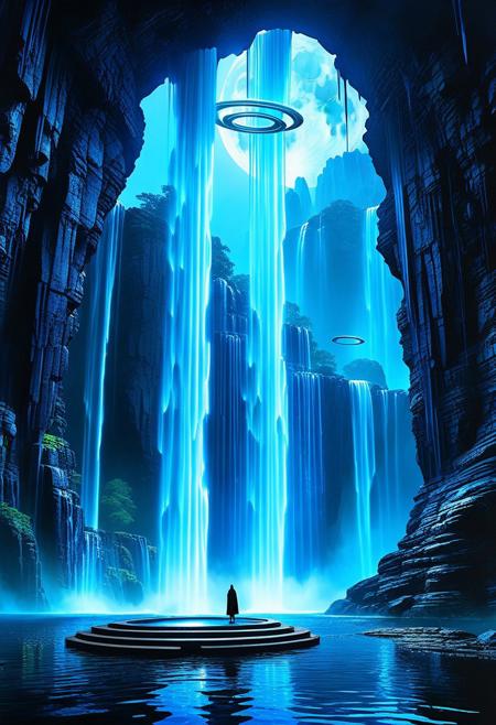 ((Photorealistic)). (Artistic perspective) 3 cloaked figures stand on a floating portal, irregular stone rings suspended above a futuristic city. (((the hovering rings in the sky are gushing waterfalls))), brush strokes and streaks of ink are visible, intense vibrant colors, stark contrasts,  liquid, unreal parts, alluring, fluid, perfection, two moons in the night sky, one is translucent. Intricate background, maximum detail, 4K, hyperrealistic. charcoals, watercolor and ink technique. Include deep rich dark blues, luminous neon highlights, ((Masterpiece)), (cinematic composition), resplendent lighting