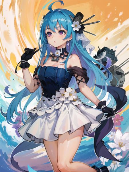 masterpiece, best quality, extremely detailed 8K wallpaper, 1girl, outdoors, Helena(Azur lane),strapless dress, blue dress, layered dress,white flower, hair ornament, purple eyes, (choker), outline, (black gloves), bare legs,