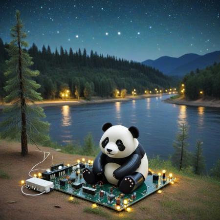 Transistors style, a cute panda bear resting near a river, pine trees around the river made Transistors, at night, starry sky,