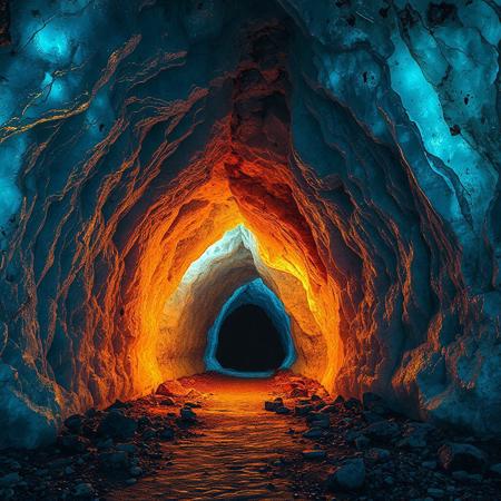 8k, source_photo, source_real, traditional media, real life photo, huge man-made ice cave, lit from above, vivid ice patterns, bright colours in the ice, glowing runes on an archway leading into a dark passageway, exposed rock formations cover the ground and walls, medieval, dungeons and dragons