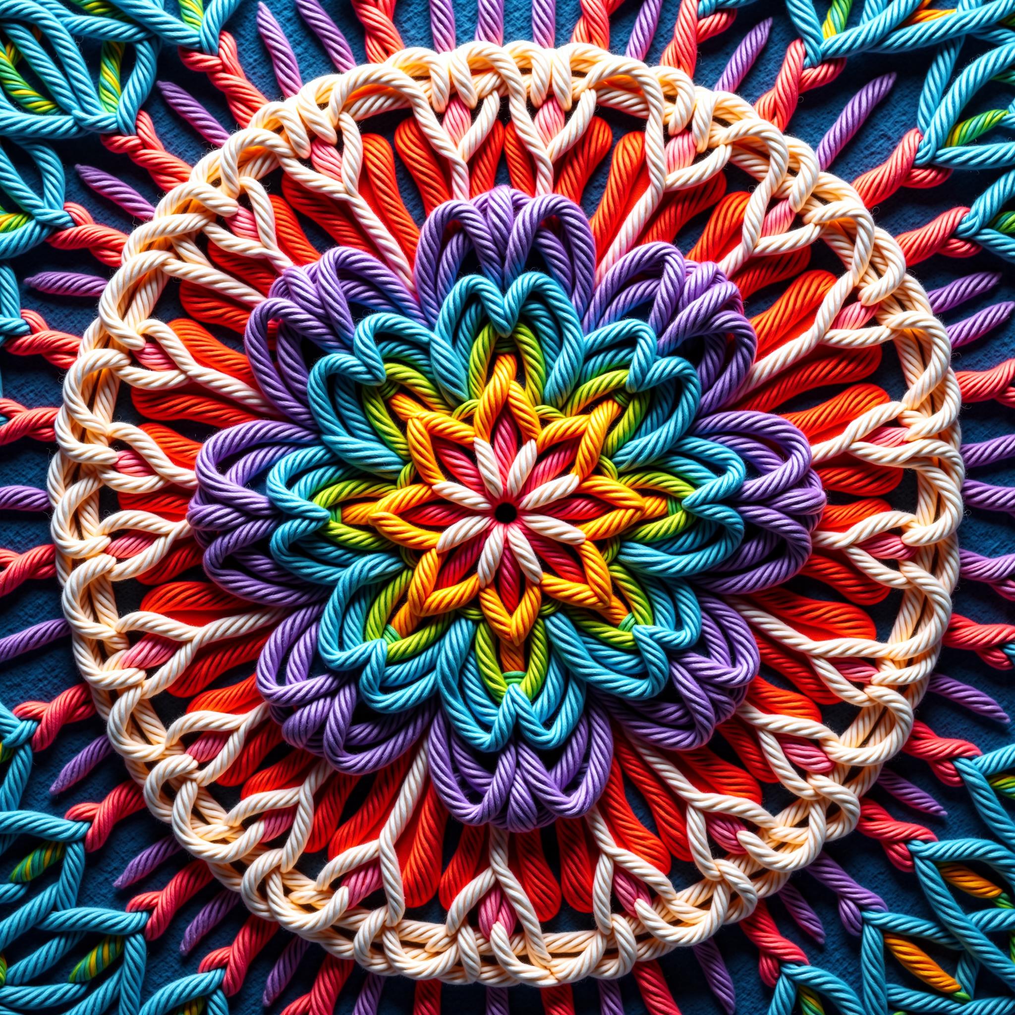 a brain neurons like pattern made of yarn. It is made up of multiple layers of different shades of rainbow colored yarn threads, creating a textured and intricate yarn design. The center of the image is the focal point, which is a circular shape with a flower-like yarn design in the center. The petals are arranged in a symmetrical pattern, with each layer overlapping the one below it. The edges of the petals vary in size and shape, with some being larger and more prominent than others. The overall effect is one of depth and dimensionality. yarn style