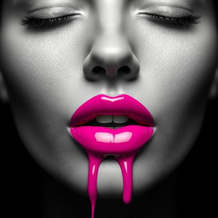A close-up, monochromatic portrait of a woman's face, with her eyes gently closed, exuding an aura of calm and allure. Her skin is rendered in smooth grayscale, creating a striking contrast against her glossy, vividly colored lips painted in a bright, dripping fuchsia pink. The lips appear wet and lustrous, with a thick drip of the vibrant color flowing down her chin, evoking a sense of surreal elegance and mystery. The black background adds a sense of depth and isolation, enhancing the focus on her facial features and the dramatic color of her lips. The lighting is soft yet precise, casting subtle shadows and highlighting the contours of her face. The overall style is hyper-realistic with an artistic, high-fashion editorial vibe, emphasizing texture, contrast, and the vividness of the pink color in an otherwise grayscale composition