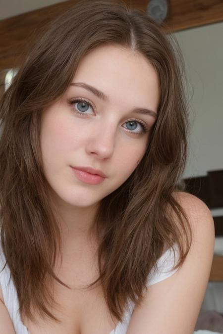 25 yo girl, brunette, close-up, girl next door, cute, innocent, looking at viewer, messy hair