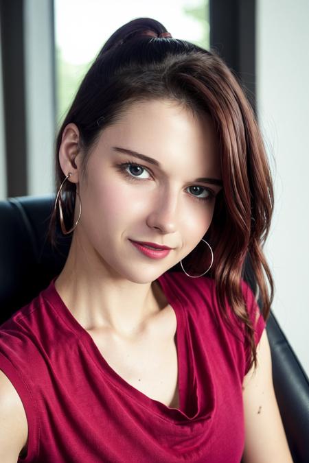 L0uise, <lora:L0uise_3675:1>, photorealistic, full color, modern digital selfie photo, t-shirt, vibrant colors,  half body portrait photo of a slender woman, sitting in a gaming chair, mischievous grin, brown eyes, blush, flush, loving eyes, lipstick,  8k, dark purple hair with ponytail, airpods, professional photo, professional photograph, very detailed hair, very detailed skin, looking at camera,  sharp focus, detailed face, detailed eyes, intricate, High Detail, fine details, ( best quality, highres), cropped torso, upper body,