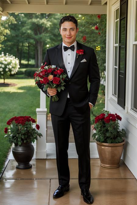 front porch of a home, ((standing on the front porch)), loving smile, JasonAdonis wearing a black tuxedo, ((holding a bouquet of red roses)), (((full body portrait))), wide angle  <lora:JasonAdonis:0.8>