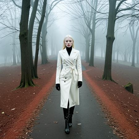 close up analogue photo of a beautiful 25 years (((albino woman:1.5))) with white hair (((pale skin:1.5))), white hair, <lora:Lumiya_SDXL:0.6>, A pale woman in a high-collared black wool coat and heeled boots walks alone through a fog-drenched forest path lined with skeletal trees; glimmers of movement flicker at the edge of her vision, and her crimson scarf seems too vivid against the desaturated mist.