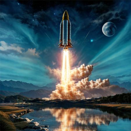 Rocket, reflection, lake, water, space, planet, no humans, ground vehicle, cloud, sky, flying, star_\(sky\), city, science fiction , super-reaslitic, 8k, best quality, moon,  <lora:rocketStart:0.95>