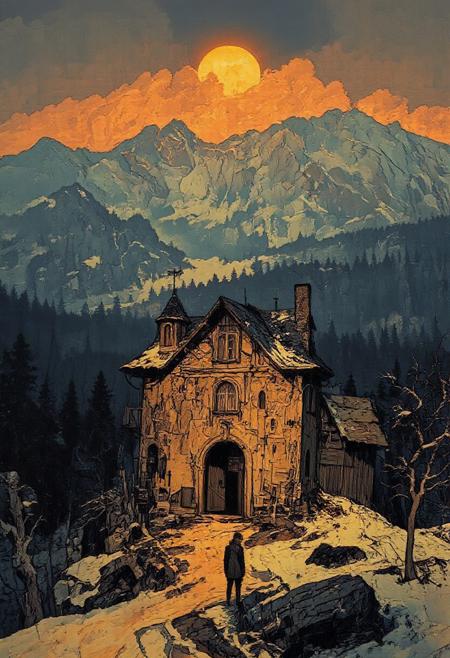 Un vieux manoir du XVIème siècle devant les Pyrénées et surplombant une immense forêt sombre et lugubre. Il fait froid, il y a de la neige. Le soleil va bientôt se coucher. Atmosphère fantastique et magique. Le manoir possède une porte cochère et deux petite tours d'angle. Il est vieux et un peu abîmé par-ci par là. On vois un homme au loin à côté d'une calèche du XIXème siècle. La forêt cache peut être un monstre ?