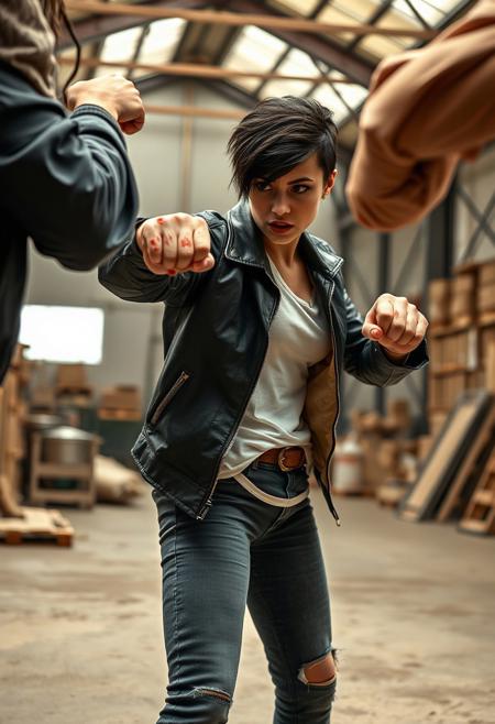 A beautiful latin short black hair girl tomboy hairstyle 20 years old angry huge breast wounds bruises and bumps with a torn leather jacket white shirt jeans boots and 
bandaged hands with blood stains  in defense pose 
receiving quick punches from a big muscular rusian woman in a warehouse, fast fists multiple fists high speed lines