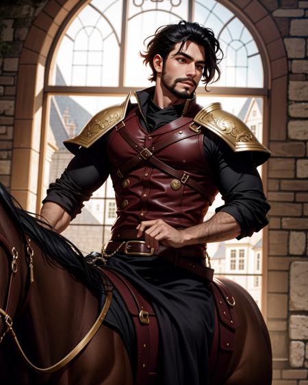 ((masterpiece), best quality, high quality, professional quality, highly detailed, highres, perfect lighting, natural lighting), (1boy, muscular, handsome, facial hair, short hair, black hair), wearing fantasy clothing, riding a horse, in a castle