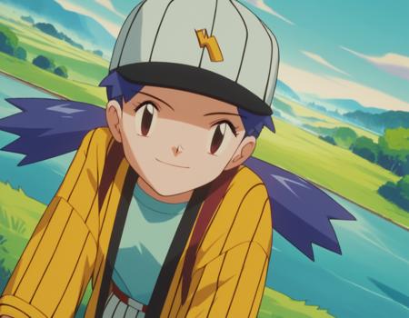 casey, long hair, twintails, blue hair, shirt, long sleeves, hat, striped, white headwear, baseball cap,