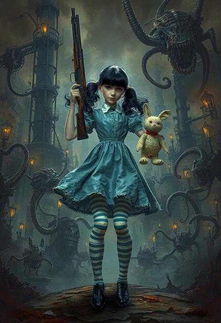 A dark and nightmarish steampunk world inspired by Tim Burton, Zdzisław Beksiński, and H.R. Giger. Towering twisted machinery and gothic architecture merge with bizarre organic structures, creating an unsettling atmosphere. Dorothy, with black pigtails, a sky blue dress, white and blue striped stockings, and black shoes, stands in a dynamic, defiant pose. In one hand, she holds an old-fashioned, menacing shotgun raised high as if ready to fire, and in the other, she clutches a worn, battered bunny doll. Her stance is slightly crouched, ready to spring into action, with her dress and hair billowing dramatically as if caught by an ominous wind. The background teems with menacing mechanical creatures, flickering gaslights, and swirling shadows, adding to the sense of chaotic energy and surreal menace.