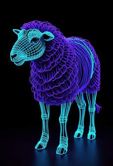 wireframe of a neon sheep is walking across a black background with blue and purple lights on it's face and tail, artist, neon lighting, a hologram, holography