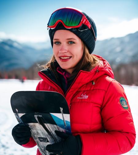 (close up face),color photo,25 years old,woman cmbkvacice,(smiling:0.6),holding snowboard on the ski slope in winter,wearing a winter jacket ,red cheeks,highly detailed background,Fujifilm XT3,analog style <lora:IvaComeback_v1_1122_relib_cmbkvacice-000180:0.9>