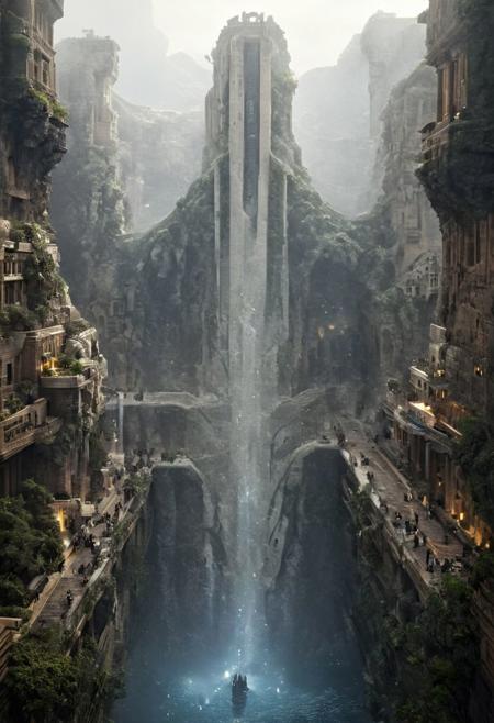 POV view , DOF,
(Ancient civilization, Alien Prometheus movie scene, dune movie scene:1.5), (The colonial city of the future, in the mist-filled Grand Canyon, on an unknown Earth-like planet, 2 moon on sky, Spaceship flight connects colonies, waterfulls:1.3), (Machu Picchu, a mountain settlement, incredibly spectacular:1.2), (Mario Botta:1.3), (avant-garde, future, reality, science fiction, photorealistic), (modern architecture:1.2), White limestone with black granite, fountain, waterfall, landmark, square, path, narrow street,
(Large Files, Ultra Realistic, 8K, 16k, FHD, HD, VFX, Perfect, Photography, composition, Architecture Sales Photography, Architecture Competition, Ultra High Resolution, Cinematography, High Resolution Image:1.1), (dramatic lighting, direct sunlight, ray tracing, clear shadow:1.2),  (real landscape:1.1), (blurred background:1.0), (urban background, more_details) ,
great lighting, clear, hillscastel, <stardeaf-cold-arc>, xtower, industrialbuilding