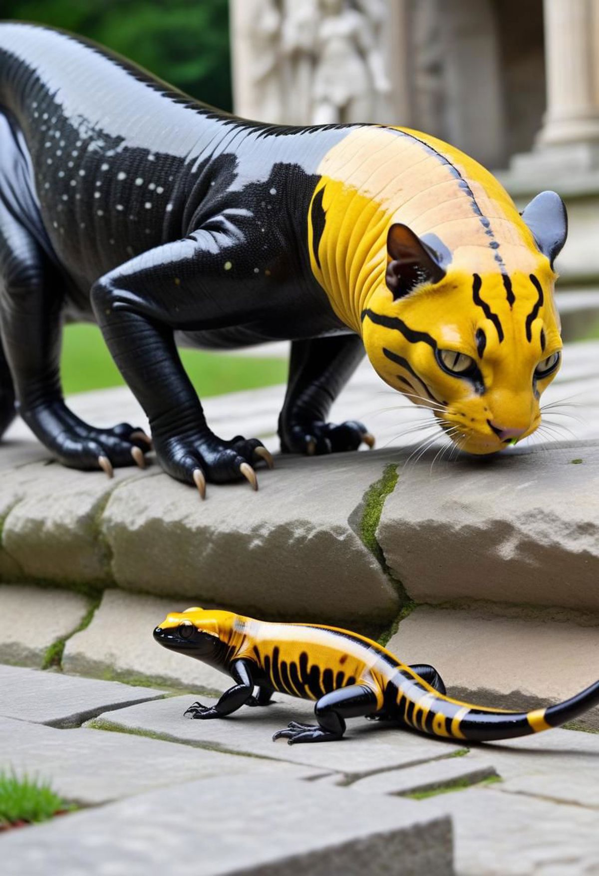 Black and yellow lizard statue with a baby lizard in front of it.