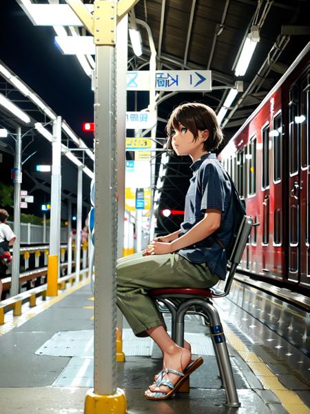 masterpiece, best quality, ultra-detailed, illustration,
platfrom, koyoenst, sandals, sitting, brown hair, shirt, solo, train station, 1boy, short hair, pants, white shirt, photo background, ground vehicle, scenery, male focus, outdoors, 
 <lora:koyoen-000008:1>