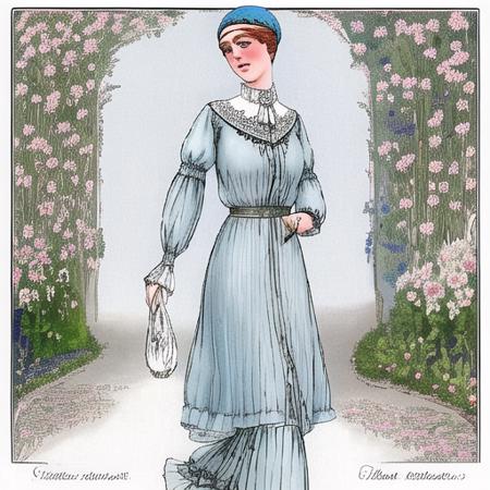 <lora:fashion:1> fashion plate, edwardian, 1914, 1910s, 1girl, solo, walking, pathway, looking down, tunic dress, light cotton, sky blue details, makeup, redhead, white background, art nouveau, holding belt, flowers