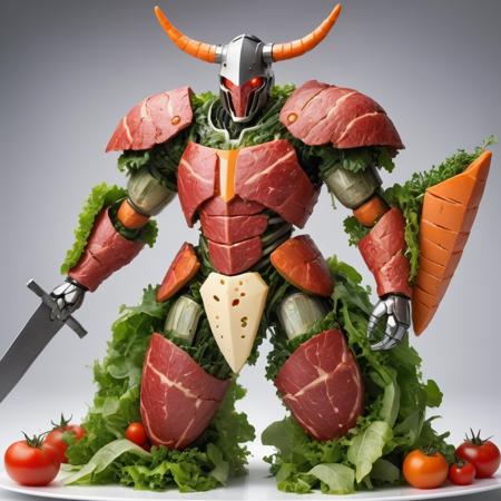 [gundam::4], [mecha:(android:0.1):1] made from (steak:1.3),  (armor:0.2) made of salad, meat, leafy greens, carrot joints, tomato shield, carrot sword, cheese