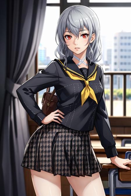 izanamidef, white robe, grey hair izanamischool, serafuku, school uniform, grey skirt, houndstooth