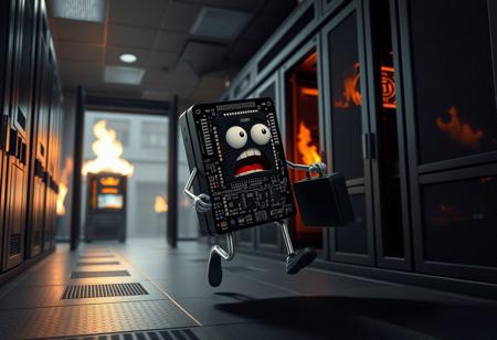 Dramatic action chase closeup, 3d animation with flat shading, dark server room, A motherboard graphics card from a computer with a panicked face with two metal thin legs holding a suitcase while running away out  of door, open computer case in background, burning computer, chaos, many burning computers