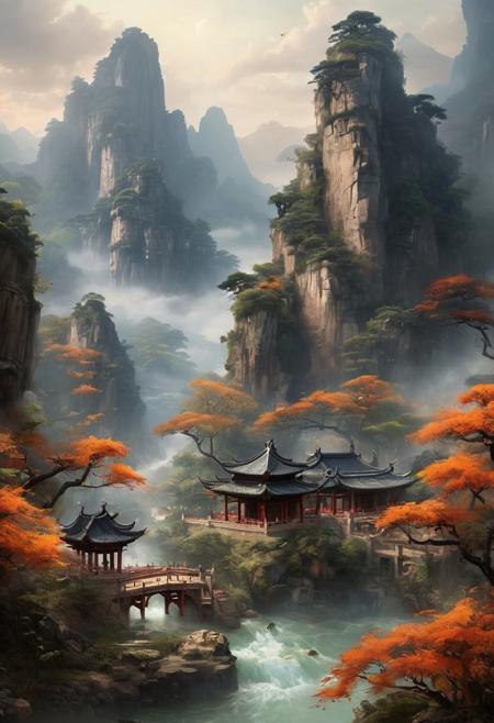 Envision a serene and tranquil idyllic retreat nestled within the ethereal beauty of ancient Xianxia-themed mountains, where misty clouds delicately wrap around the peaks, creating an otherworldly atmosphere. The landscape is dotted with ancient architecture, reflecting the elegance and refinement of a cultivation sect's stronghold. Here, mystical energy flows through enchanted forests, where immortal mountains and rivers harmonize with the natural world, fostering an environment perfect for the pursuit of martial immortality. The scene is populated with mystical creatures, adding a touch of wonder and magic to this Chinese ancient Xianxia-themed paradise., Don't be real, oil painting, done with japanese brush technique, realistic, extreme detail, scary, terrifying, dark and warm environment, 8k, looking at viewer, looming, Comic style
<lora:add-detail-xl:1> <lora:xl_more_art-full_v1:0.5>  <lora:looking_at_viewer:2>