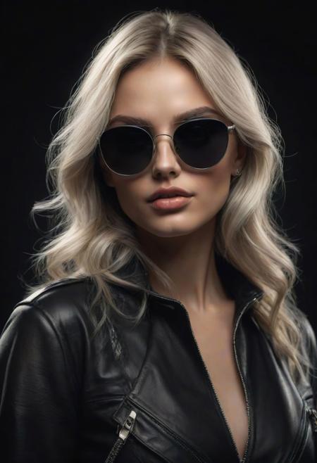 (best quality, 8K, high resolution, masterpiece), ultra detailed, (3D CGI), black sunglasses, trendy, fashionable, silver and black stylized gorgeous blonde Instagram model on a black background, countryside advertising, winning photo,