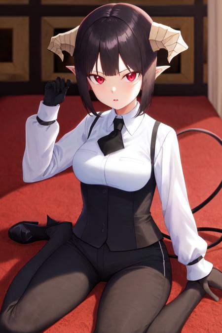 masterpiece, best quality, highres, 1girl horns short hair demon tail, white shirt black ascot black gloves black pants black vest <lora:goumon_torture:1> sitting, wariza, arm support