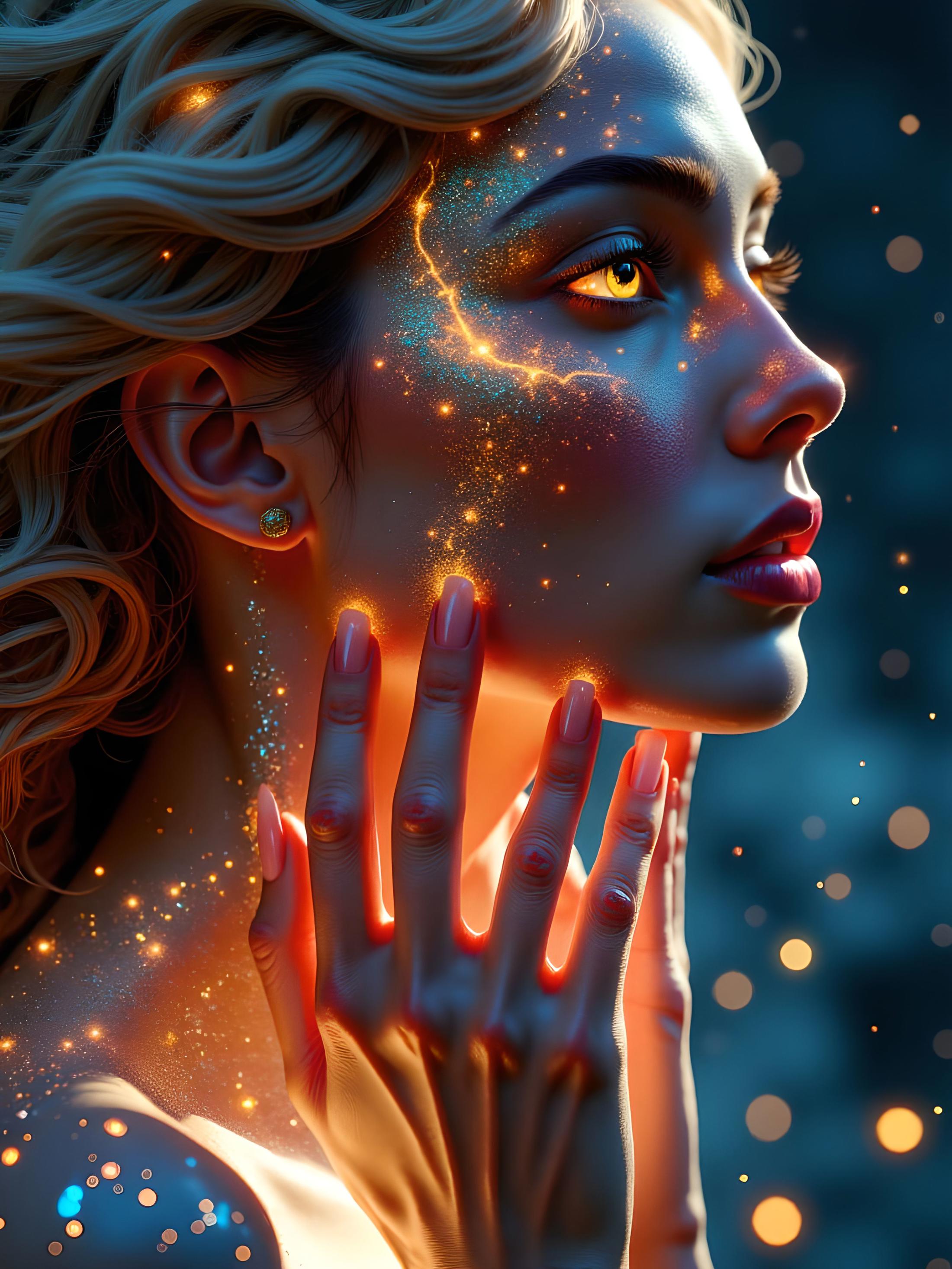 a close-up shot of an ethereal star woman with eyes body and face glowing like galaxies, surrounded by swirling, vibrant cosmic colors, vibrant star planet, ultra-detailed and photorealistic rendering, soft ambient lighting, starry nebulae in the background, dynamic and radiant color gradients, glowing reflections, cinematic composition, surreal and otherworldly atmosphere, intricate facial features, flowing hair infused with cosmic energy, luminous and ethereal, celestial radiance, soft yet detailed textures, otherworldly beauty looking up, fingers to cheeks. aidmaimageupgrader, aidmaMJ6.1m, detailmaximizer, mythp0rt <lora:aidmaImageUpgrader-FLUX-V0.2:1.0> <lora:flux.1_lora_flyway_Epic-detail_v2:0.8> <lora:aidmaMJ6.1_aidmaMJ6.1-FLUX-v0.4:0.4> <lora:v1v1dr34m:0.7> <lora:mythp0rt_FluxMythP0rtr4itStyle:0.9>