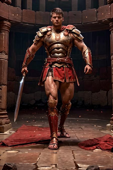 roman city, fantrome, floor of the Colosseum, MalikDelgaty is a Roman gladiator, wearing (gladiator armor), fine details, chest armor, breastplate armor, red cape, intricate details, holding sword, (((full body portrait))), full body shot, wide angle, (looking at camera)  <lora:MalikDelgaty-000009:0.75>   <lora:fantrome_v3:0.8>