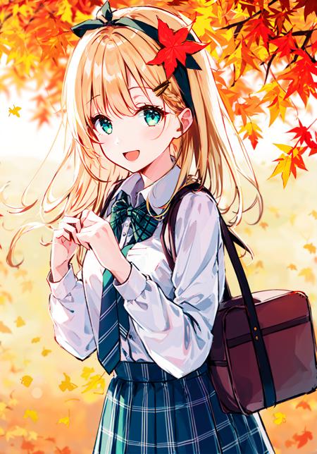 1girl, blonde hair,  :d, acorn, aki_shizuha, aqua_eyes, autumn, autumn_leaves, bag, bangs, blurry, blurry_background, blurry_foreground, blush, bow, braid, checkered_skirt, collared_shirt, depth_of_field, eyebrows_visible_through_hair, falling_leaves, fire, ginkgo_leaf, green_eyes, hair_ornament, hair_ribbon, hairclip, holding, holding_leaf, leaf, leaf_background, leaf_hair_ornament, leaf_on_head, leaf_print, leaves_in_wind, long_sleeves, looking_at_viewer, maple_leaf, open_mouth, orange_theme, outdoors, plaid, plaid_bow, plaid_dress, plaid_headwear, plaid_jacket, plaid_necktie, plaid_neckwear, plaid_pants, plaid_ribbon, plaid_scarf, plaid_shirt, plaid_skirt, plaid_vest, ribbon, school_bag, school_uniform, shirt, shoulder_bag, skirt, smile, solo, spoken_anger_vein, starfish, sunset, sweet_potato, unmoving_pattern, white_shirt <lora:style_Hiten:0.8>