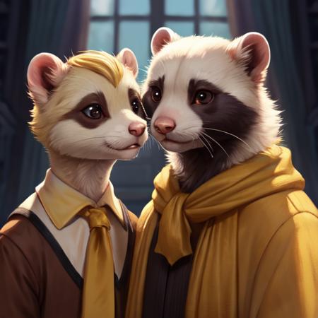 a ferret with hufflepuff robbes,