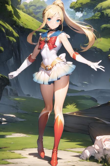 ((best quality)), ((official art)), ((masterpiece)), textile shading, ((ultra-detailed)),  solo, full color, (1girl, solo,   <lora:super_sailor_moon_outfit-v1:1>,bssmsuperoutfit, circlet, white leotard,,blue sailor collar, sleeveless, heart brooch, miniskirt, white gloves,   hairstyle, hairlength ,  detailed face, (full body:1.1)), (in nature)